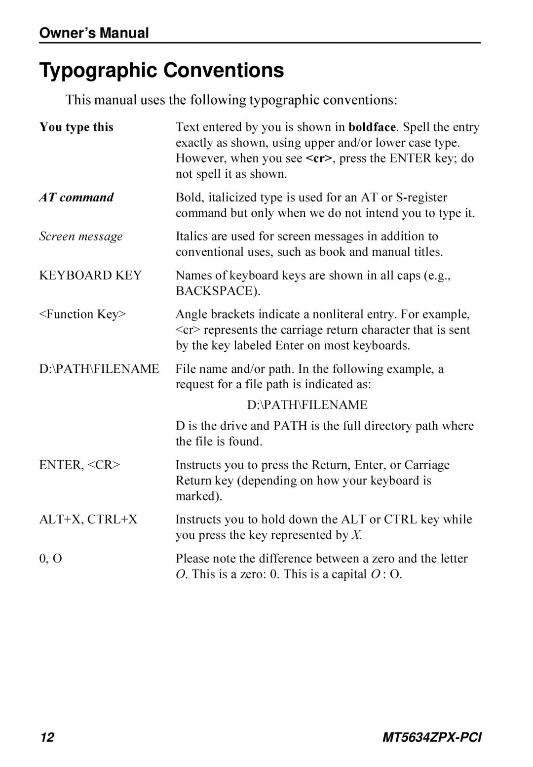 Multi-Tech Systems MT5634ZPX-PCI owner manual Typographic Conventions, You type this 