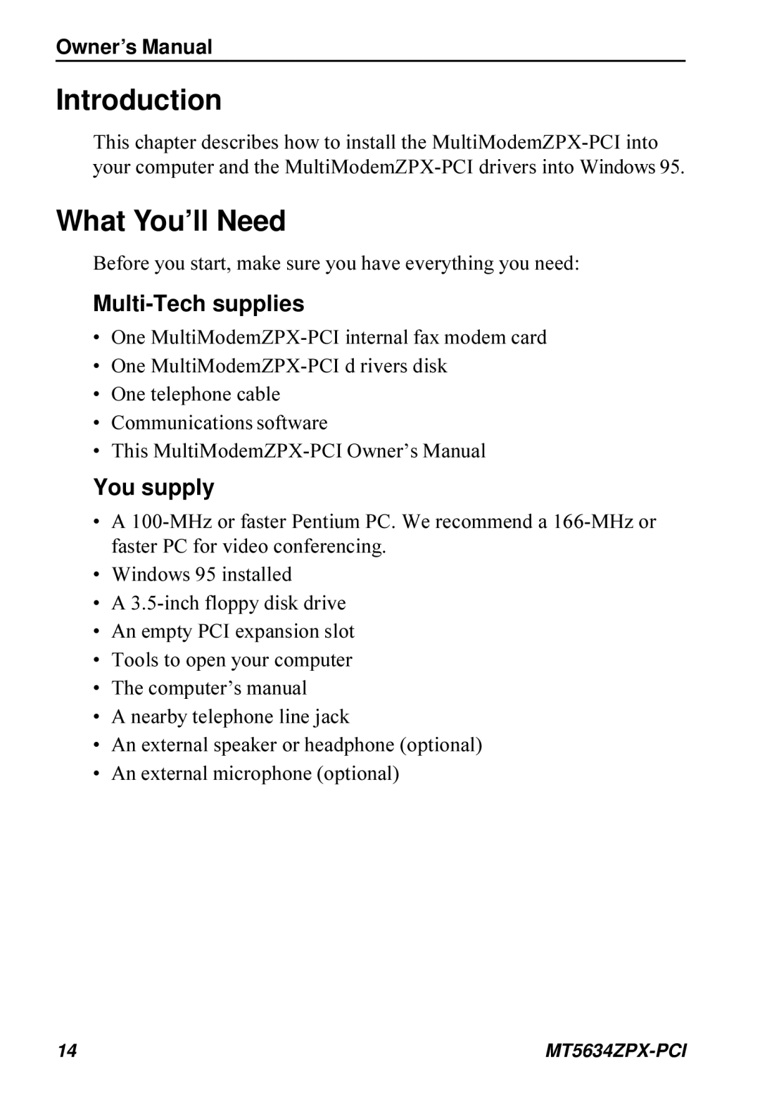 Multi-Tech Systems MT5634ZPX-PCI owner manual Introduction, What You’ll Need 