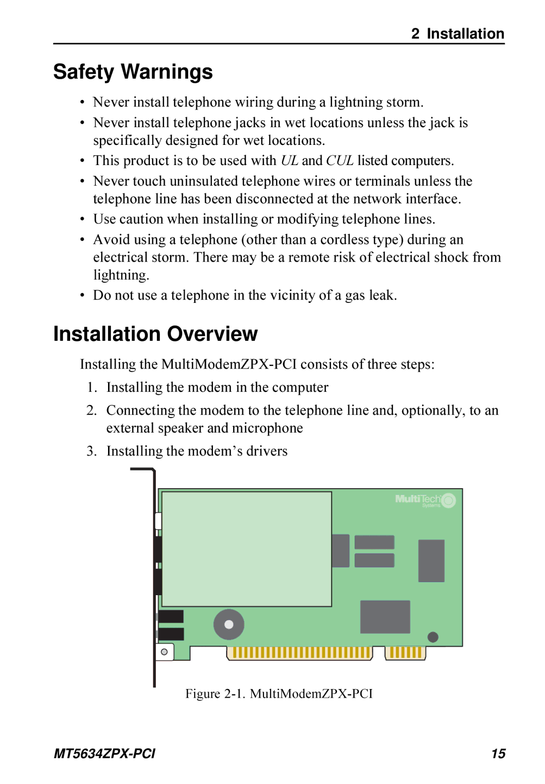 Multi-Tech Systems MT5634ZPX-PCI owner manual Safety Warnings, Installation Overview 