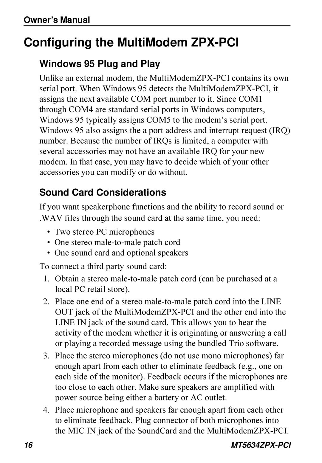 Multi-Tech Systems MT5634ZPX-PCI owner manual Configuring the MultiModem ZPX-PCI, Windows 95 Plug and Play 