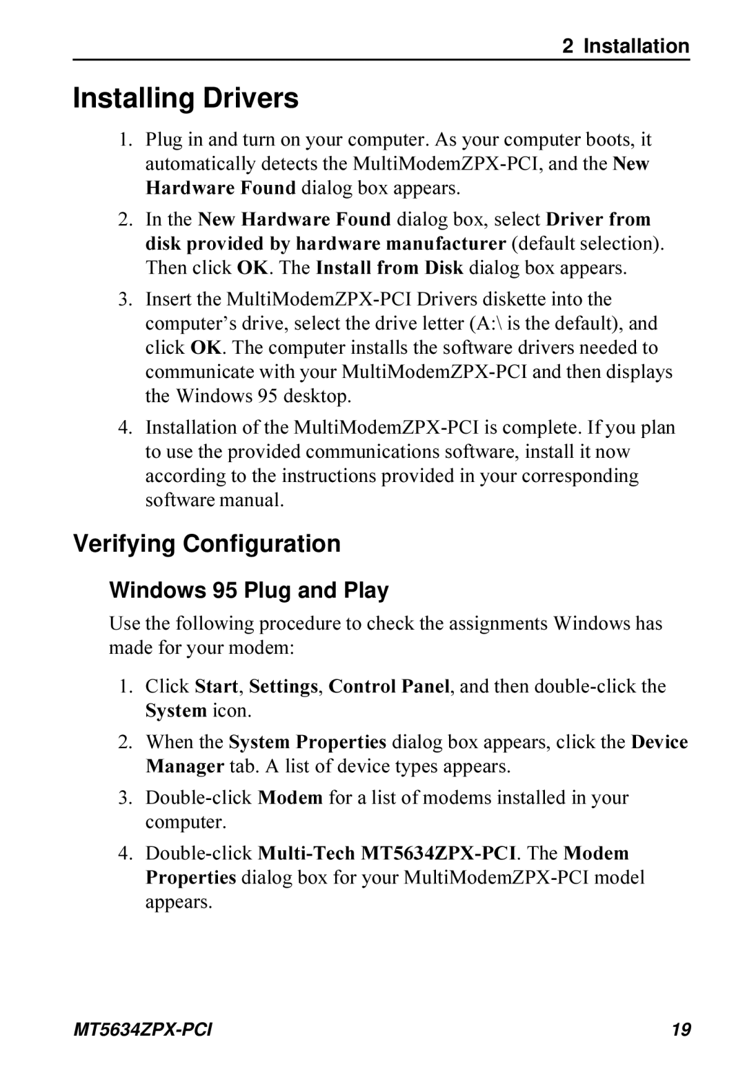 Multi-Tech Systems MT5634ZPX-PCI owner manual Installing Drivers, Verifying Configuration 