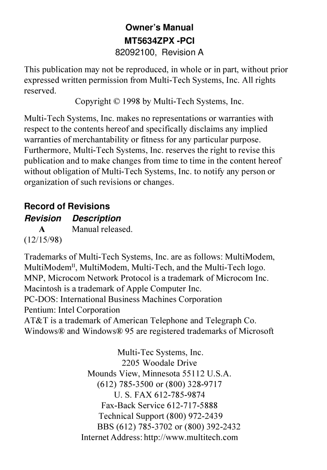 Multi-Tech Systems MT5634ZPX-PCI owner manual MT5634ZPX -PCI, Record of Revisions 