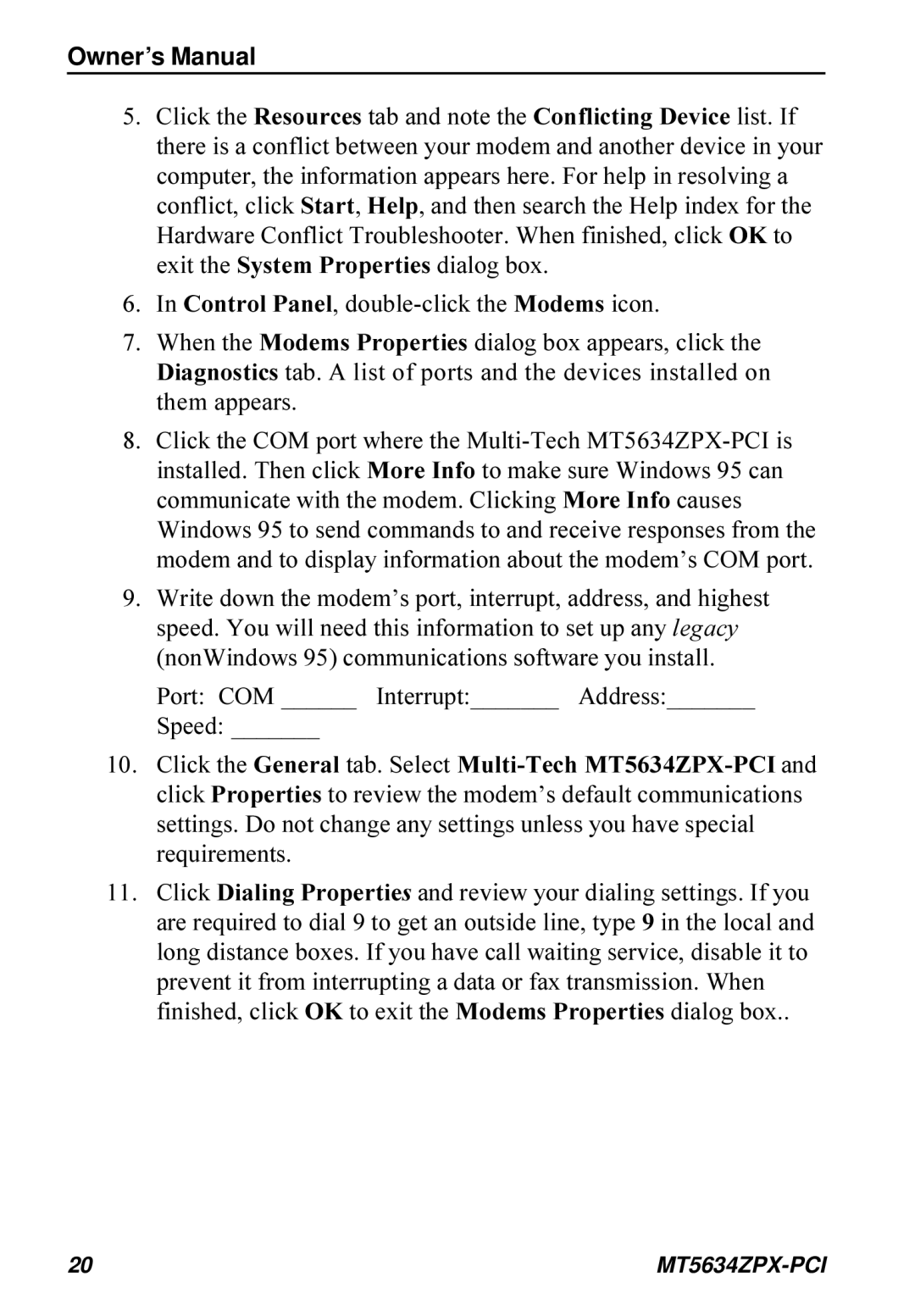 Multi-Tech Systems MT5634ZPX-PCI owner manual Port COM Interrupt Address Speed 