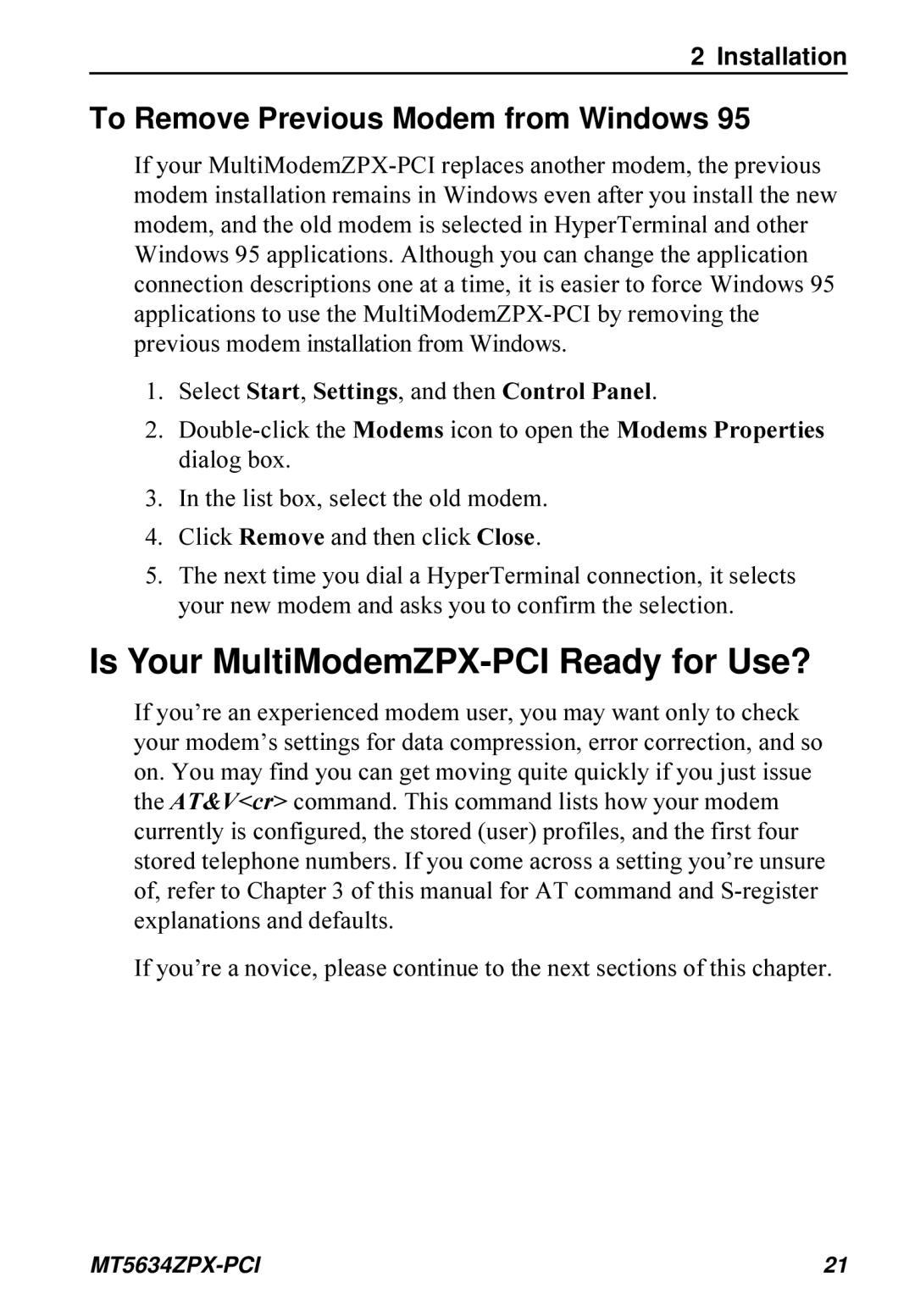 Multi-Tech Systems MT5634ZPX-PCI Is Your MultiModemZPX-PCI Ready for Use?, To Remove Previous Modem from Windows 