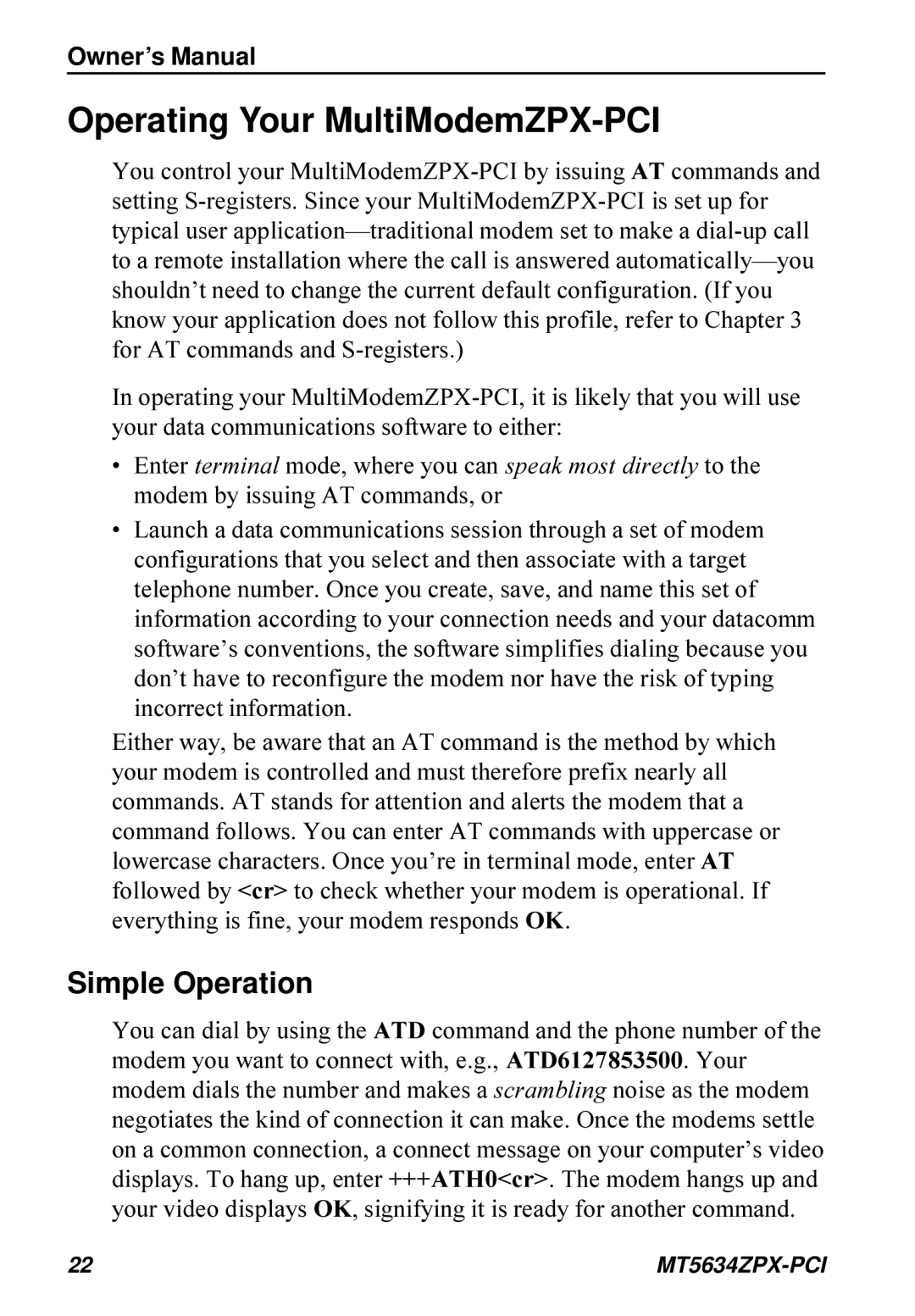 Multi-Tech Systems MT5634ZPX-PCI owner manual Operating Your MultiModemZPX-PCI, Simple Operation 