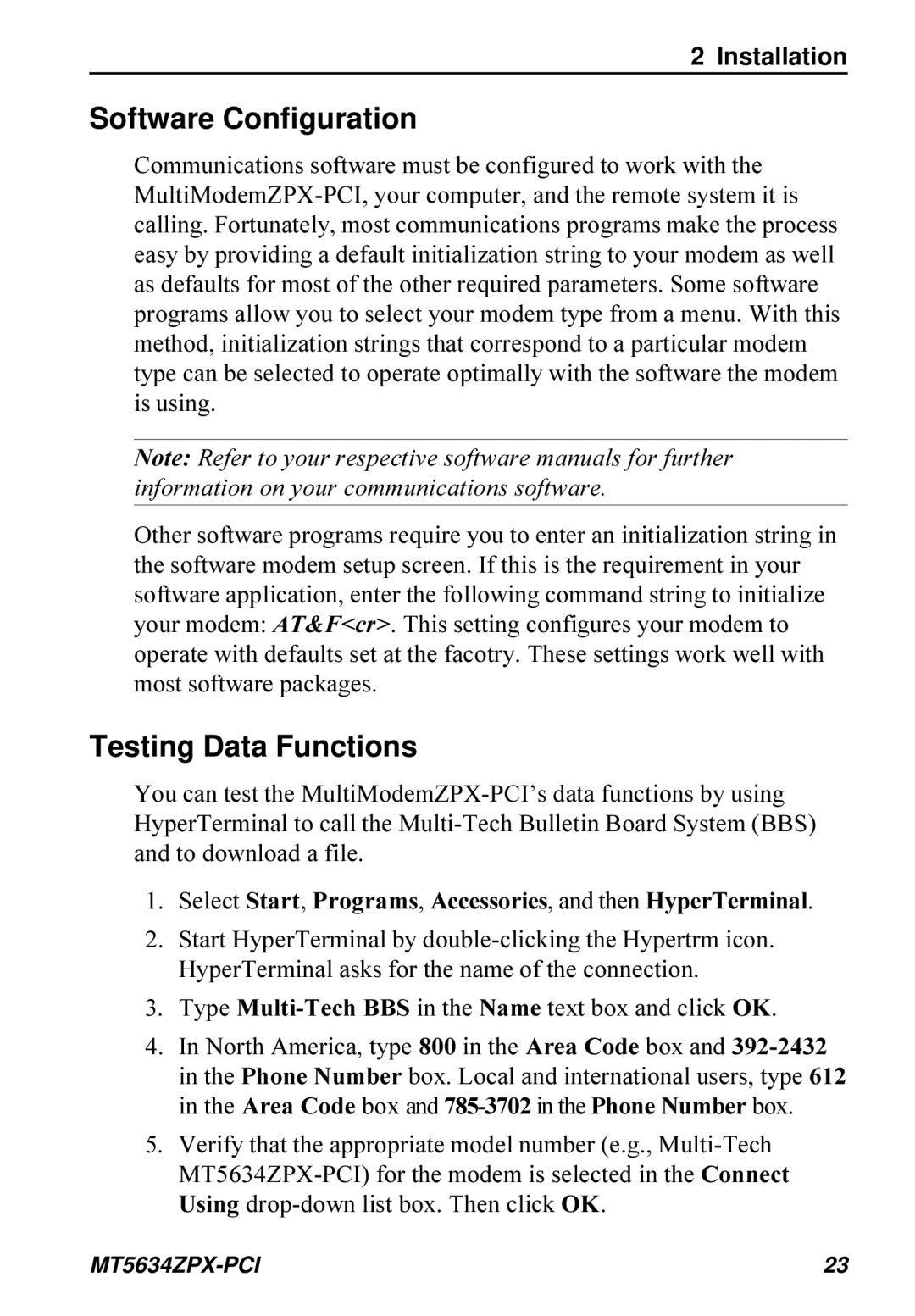 Multi-Tech Systems MT5634ZPX-PCI owner manual Software Configuration, Testing Data Functions 