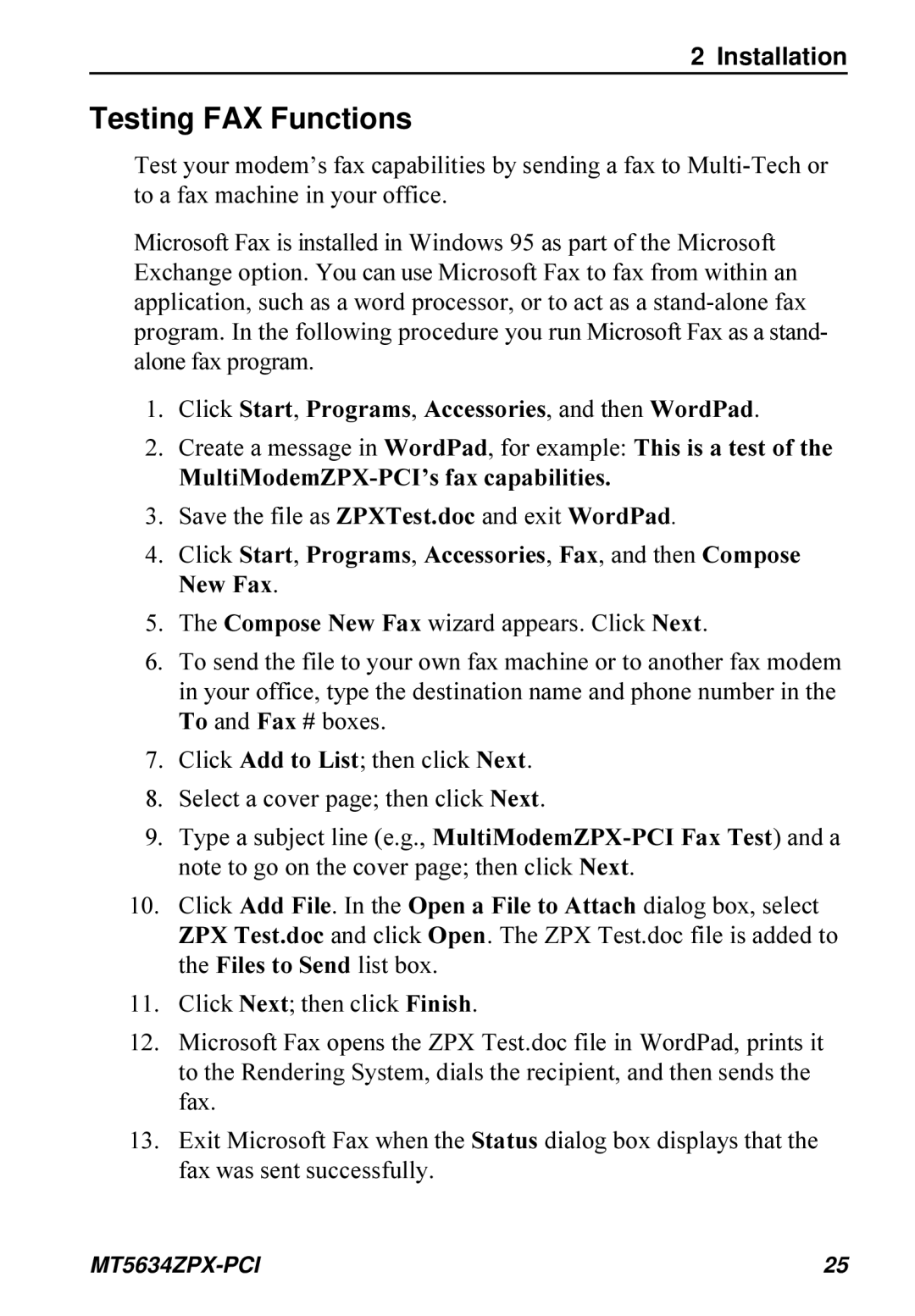 Multi-Tech Systems MT5634ZPX-PCI owner manual Testing FAX Functions, Click Start, Programs, Accessories, and then WordPad 