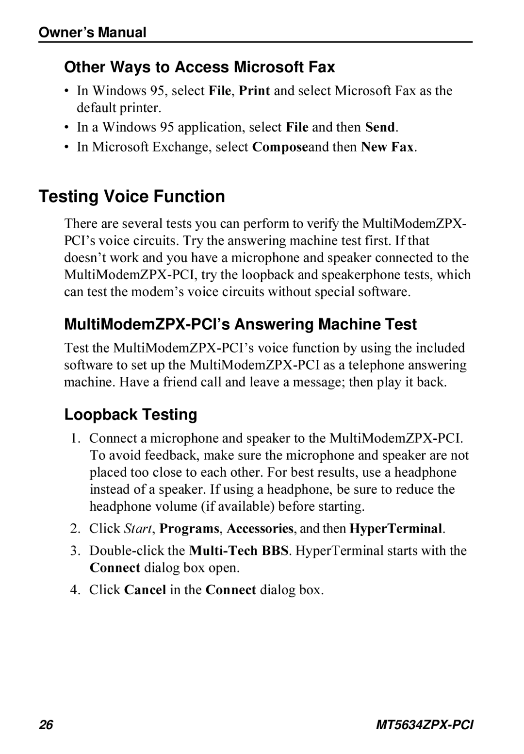 Multi-Tech Systems MT5634ZPX-PCI Testing Voice Function, Click Start, Programs, Accessories, and then HyperTerminal 