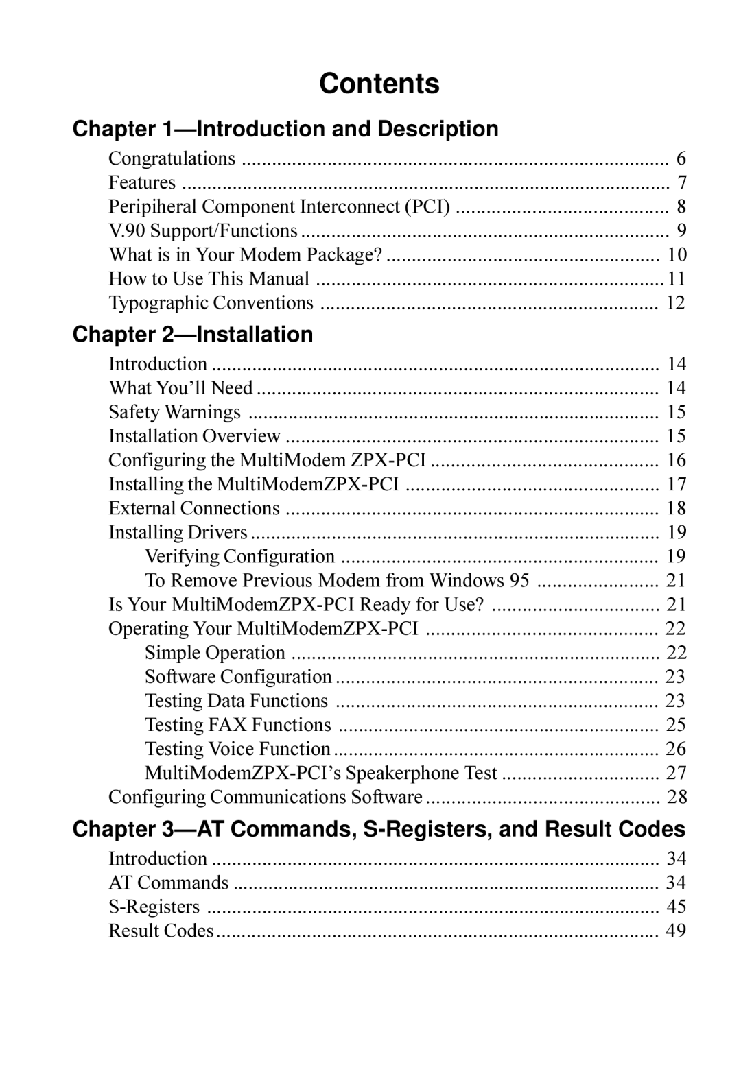 Multi-Tech Systems MT5634ZPX-PCI owner manual Contents 