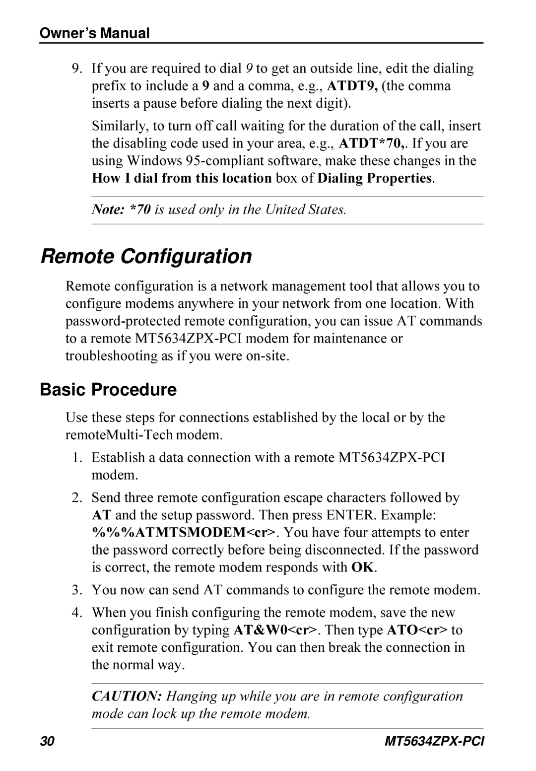 Multi-Tech Systems MT5634ZPX-PCI owner manual Remote Configuration, Basic Procedure 