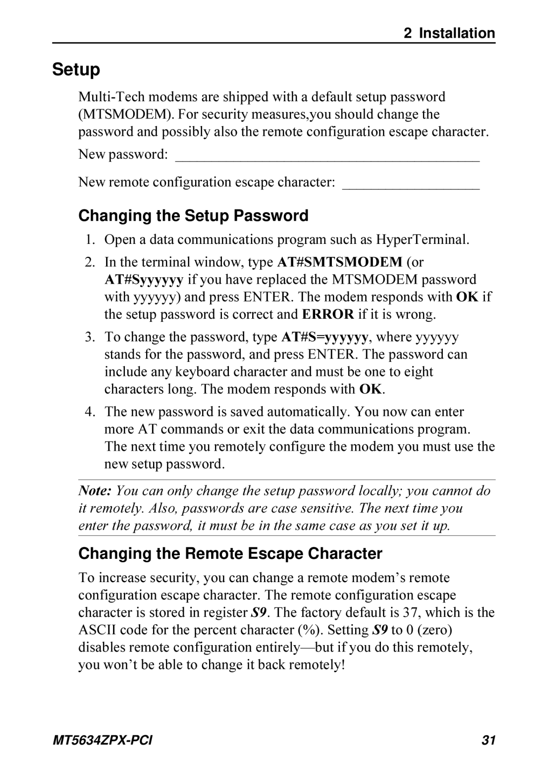 Multi-Tech Systems MT5634ZPX-PCI owner manual Changing the Setup Password 