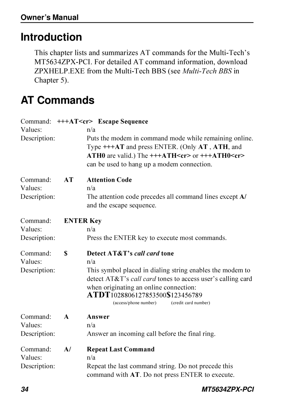 Multi-Tech Systems MT5634ZPX-PCI owner manual AT Commands 