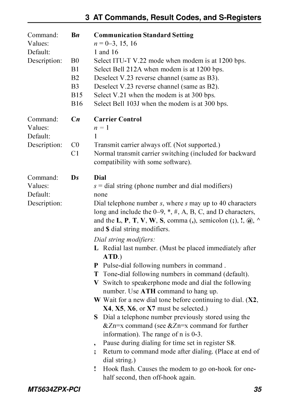 Multi-Tech Systems MT5634ZPX-PCI AT Commands, Result Codes, and S-Registers, Communication Standard Setting, Dial, Atd 