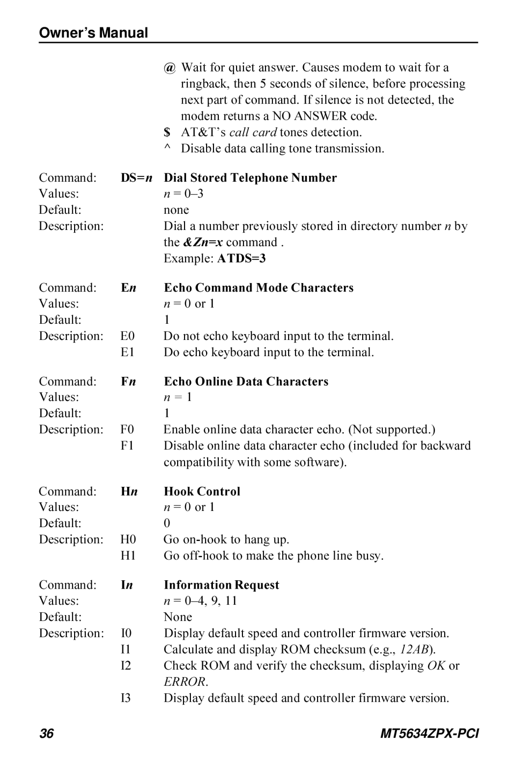 Multi-Tech Systems MT5634ZPX-PCI owner manual DS=n Dial Stored Telephone Number, Echo Command Mode Characters, Hook Control 