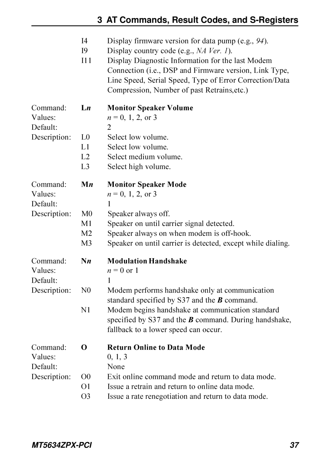 Multi-Tech Systems MT5634ZPX-PCI owner manual Monitor Speaker Volume, Monitor Speaker Mode, Modulation Handshake 