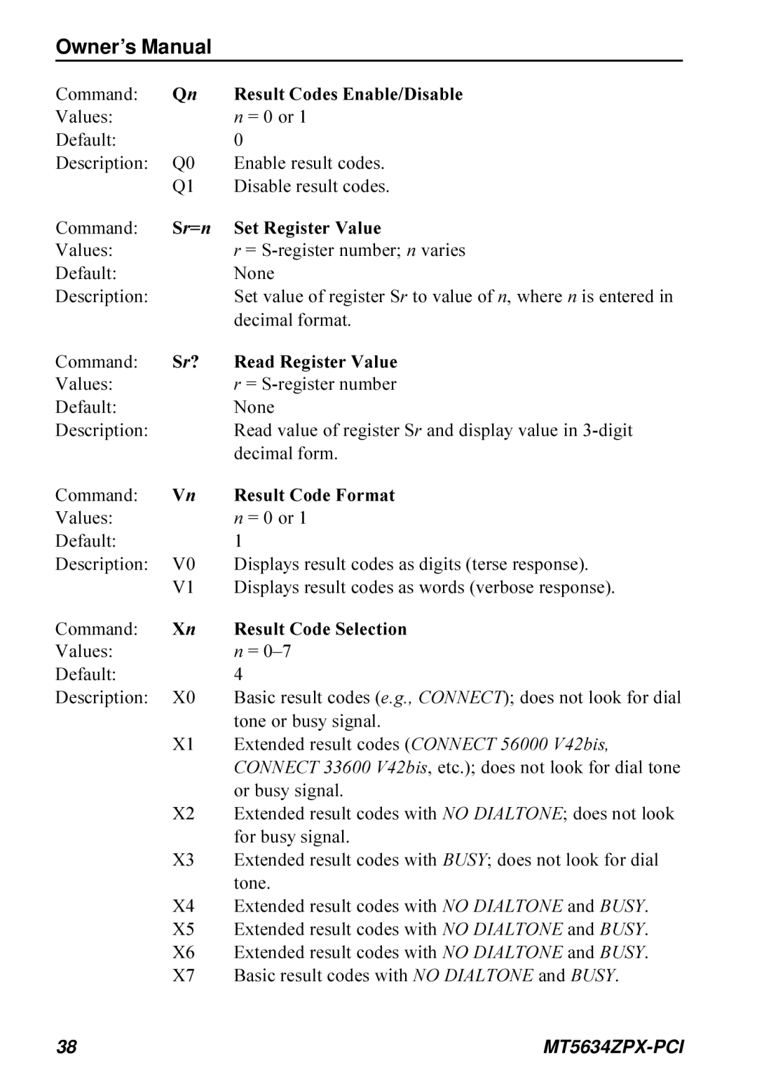 Multi-Tech Systems MT5634ZPX-PCI owner manual Sr=n Set Register Value, Sr? Read Register Value, Result Code Format 