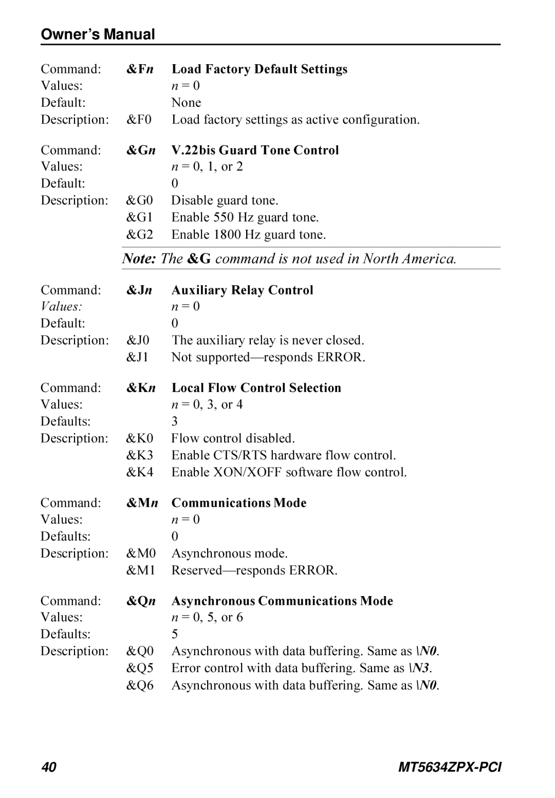 Multi-Tech Systems MT5634ZPX-PCI Fn Load Factory Default Settings, 22bis Guard Tone Control, Auxiliary Relay Control 