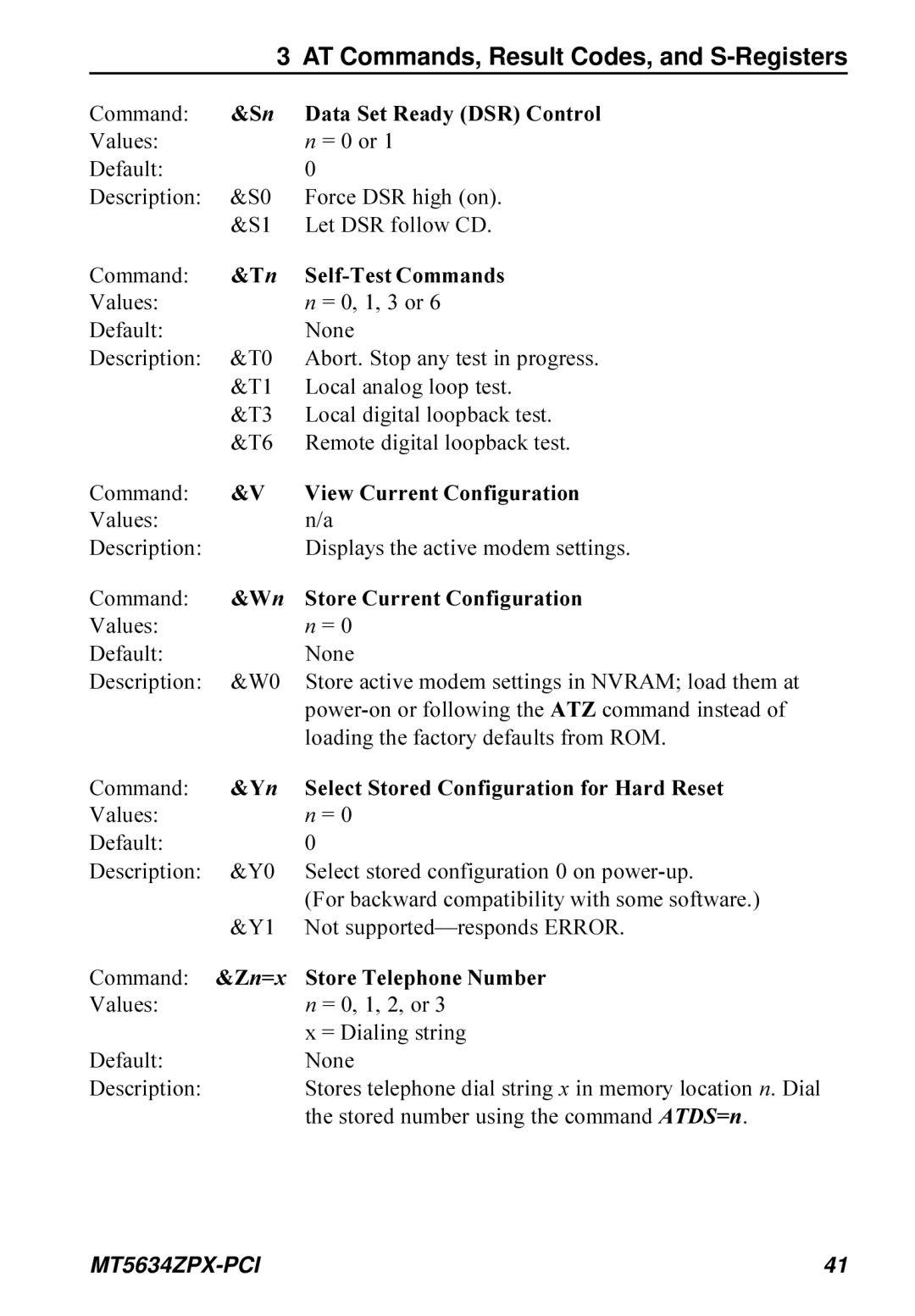 Multi-Tech Systems MT5634ZPX-PCI owner manual Data Set Ready DSR Control, Self-Test Commands, View Current Configuration 