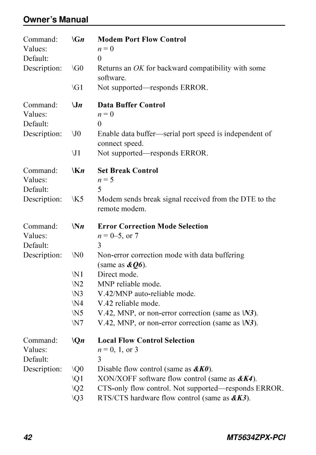 Multi-Tech Systems MT5634ZPX-PCI owner manual Gn Modem Port Flow Control, Jn Data Buffer Control, Kn Set Break Control 