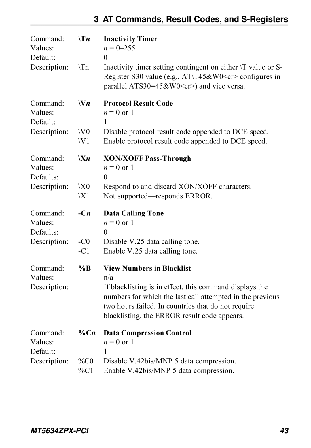 Multi-Tech Systems MT5634ZPX-PCI owner manual T n Inactivity Timer, V n Protocol Result Code, X n XON/XOFF Pass-Through 