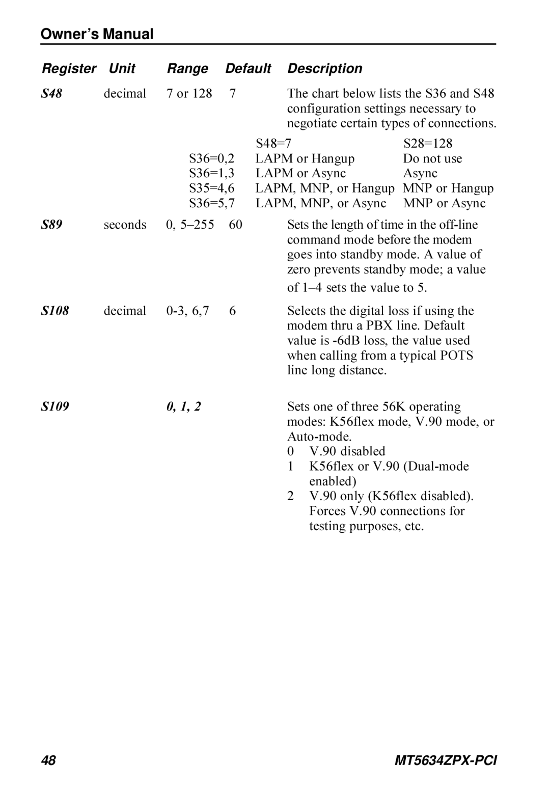 Multi-Tech Systems MT5634ZPX-PCI owner manual S36=5,7 LAPM, MNP, or Async MNP or Async, sets the value to 