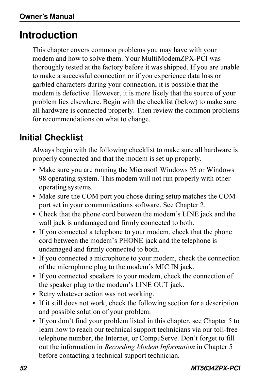 Multi-Tech Systems MT5634ZPX-PCI owner manual Introduction, Initial Checklist 