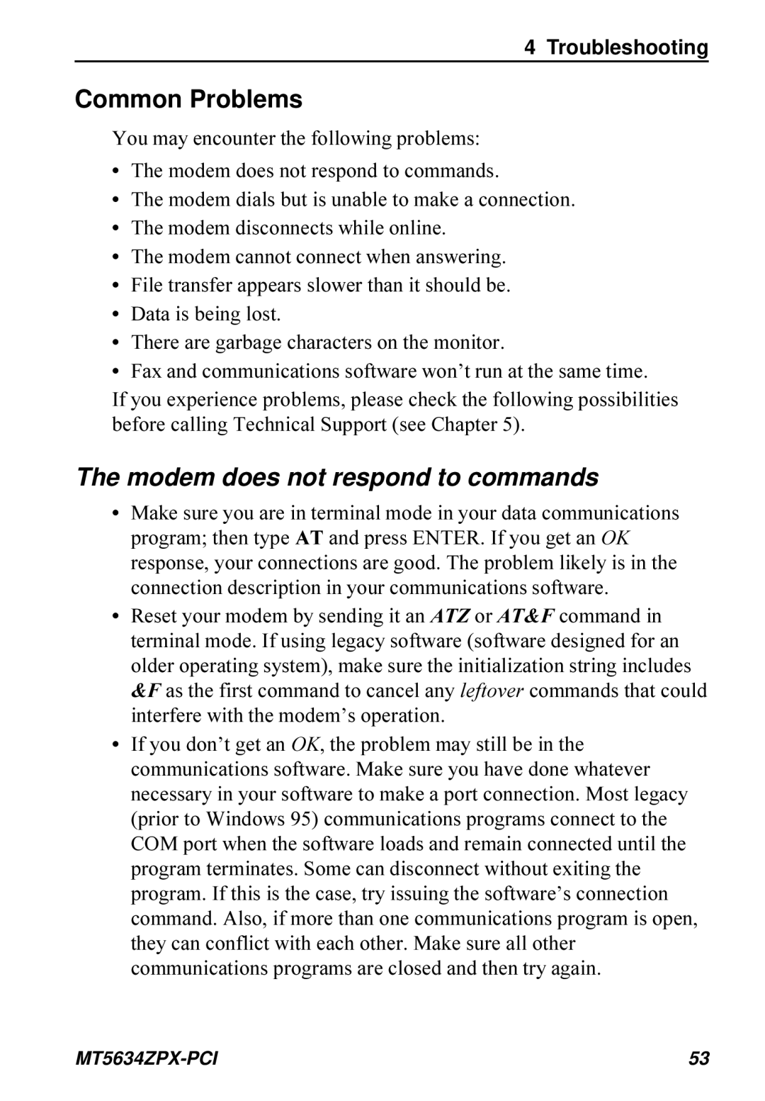 Multi-Tech Systems MT5634ZPX-PCI owner manual Common Problems, Troubleshooting 