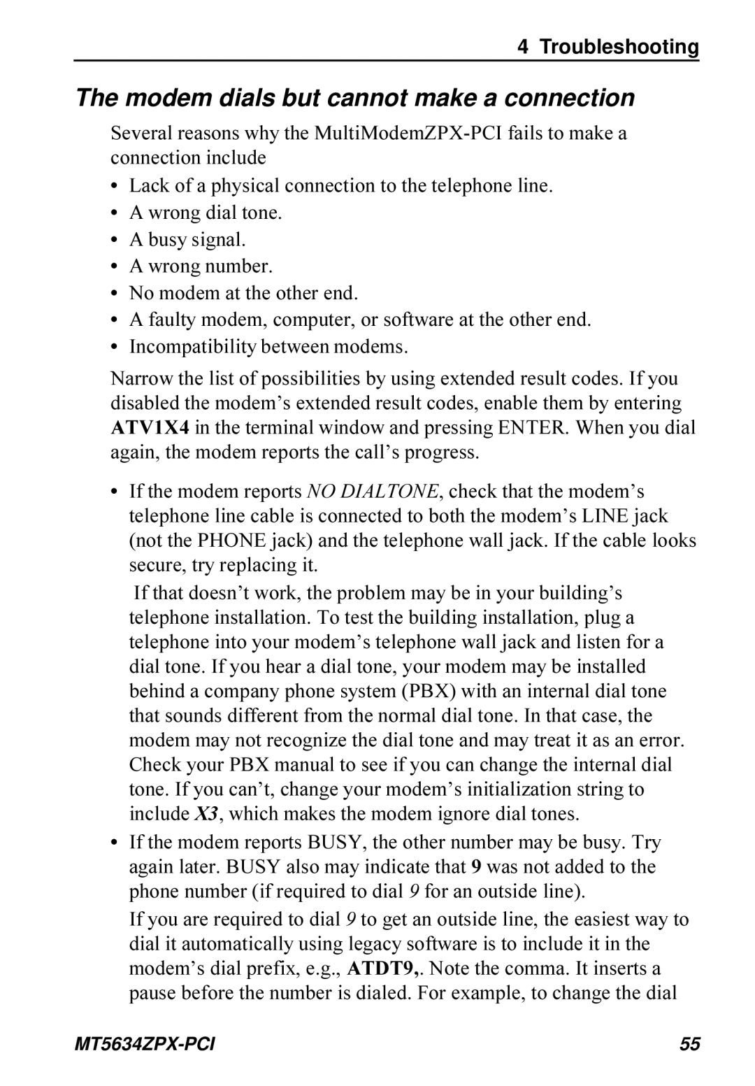 Multi-Tech Systems MT5634ZPX-PCI owner manual Modem dials but cannot make a connection 