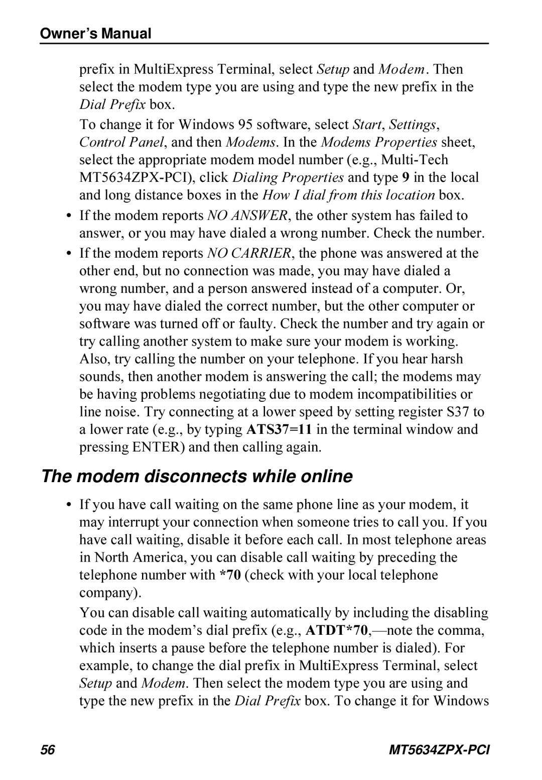 Multi-Tech Systems MT5634ZPX-PCI owner manual Modem disconnects while online 