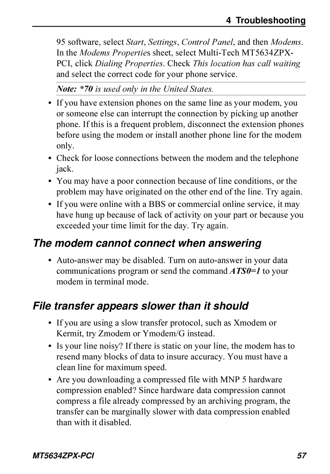 Multi-Tech Systems MT5634ZPX-PCI owner manual Modem cannot connect when answering 