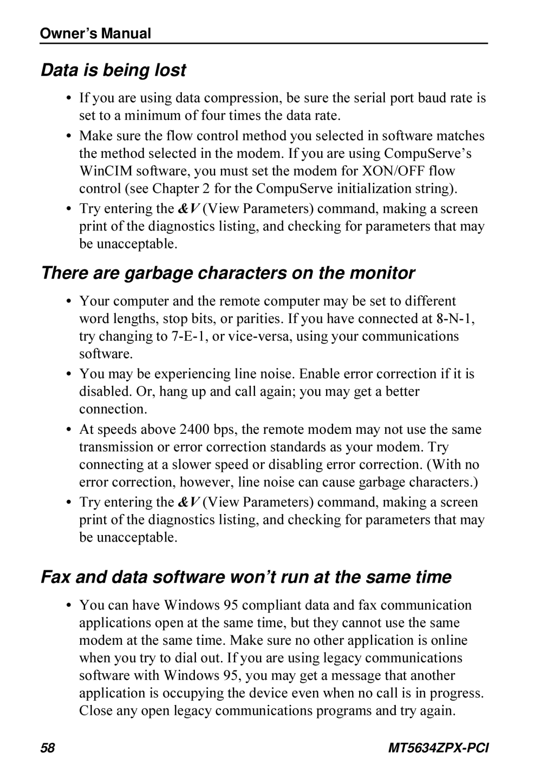 Multi-Tech Systems MT5634ZPX-PCI owner manual Data is being lost 