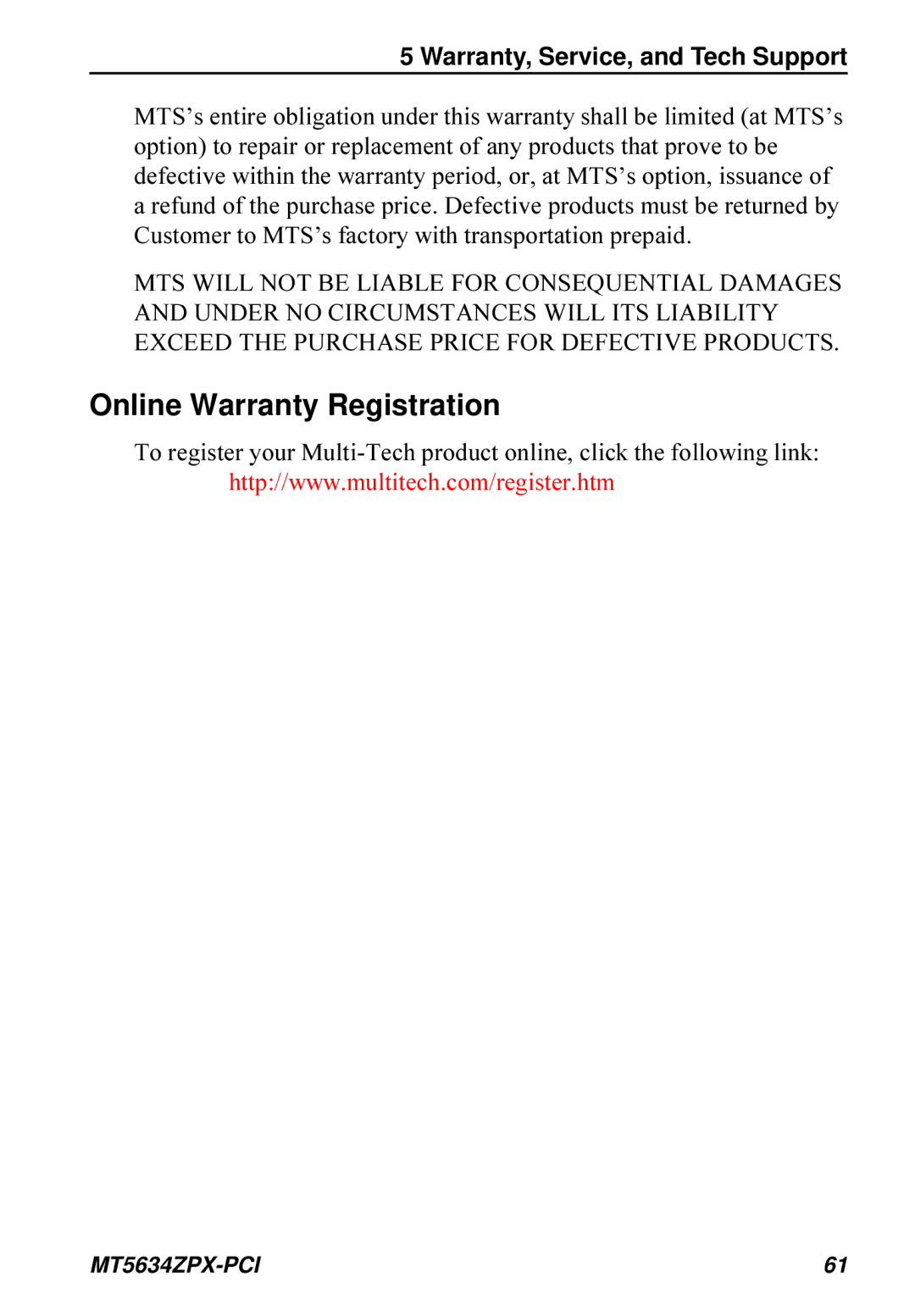 Multi-Tech Systems MT5634ZPX-PCI owner manual Online Warranty Registration, Warranty, Service, and Tech Support 