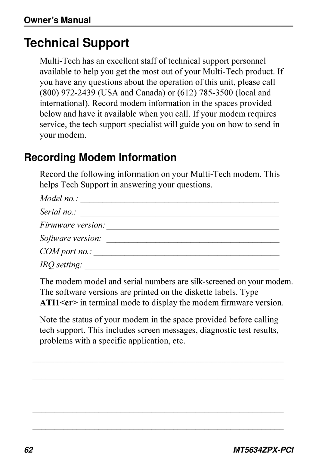 Multi-Tech Systems MT5634ZPX-PCI owner manual Technical Support, Recording Modem Information 