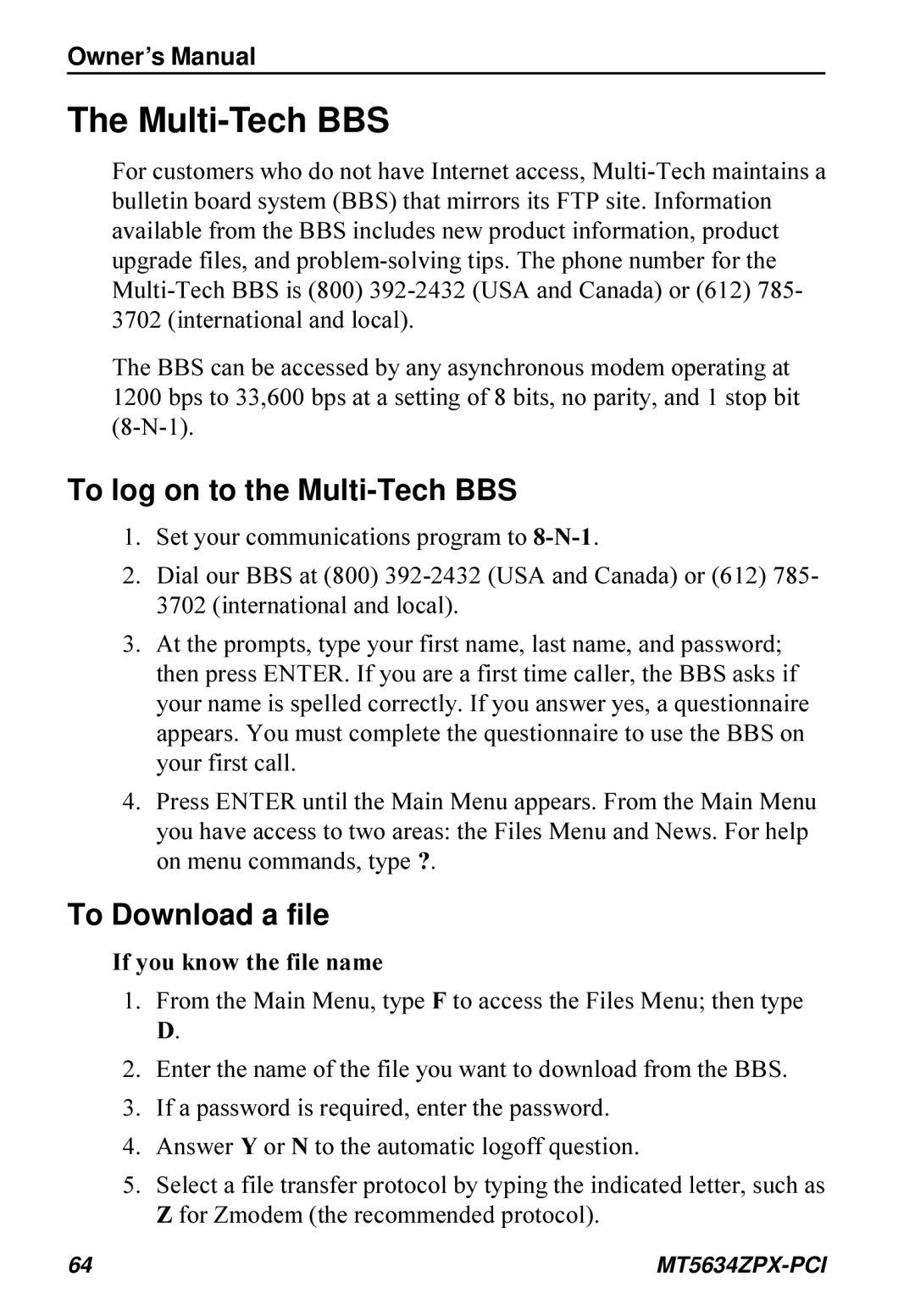 Multi-Tech Systems MT5634ZPX-PCI To log on to the Multi-Tech BBS, To Download a file, If you know the file name 