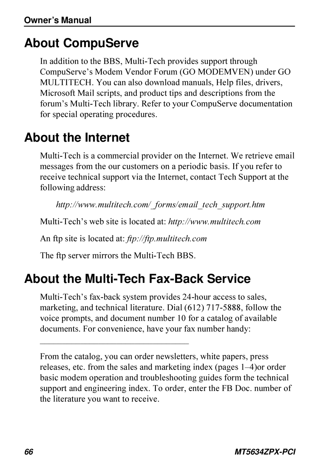 Multi-Tech Systems MT5634ZPX-PCI owner manual About CompuServe, About the Internet, About the Multi-Tech Fax-Back Service 