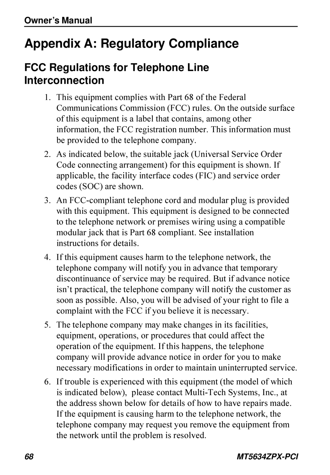 Multi-Tech Systems MT5634ZPX-PCI Appendix a Regulatory Compliance, FCC Regulations for Telephone Line Interconnection 