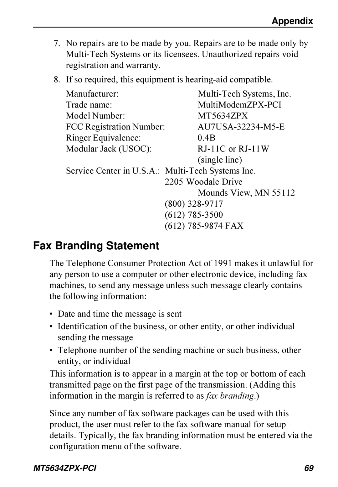 Multi-Tech Systems MT5634ZPX-PCI owner manual Fax Branding Statement, Appendix, Multi-Tech Systems, Inc 