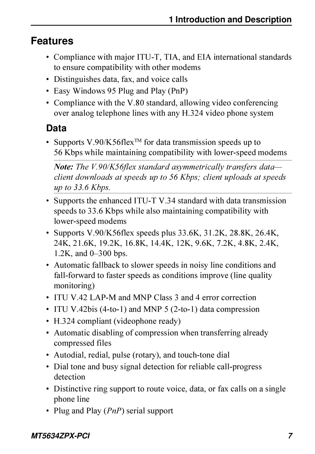 Multi-Tech Systems MT5634ZPX-PCI owner manual Features, Introduction and Description 