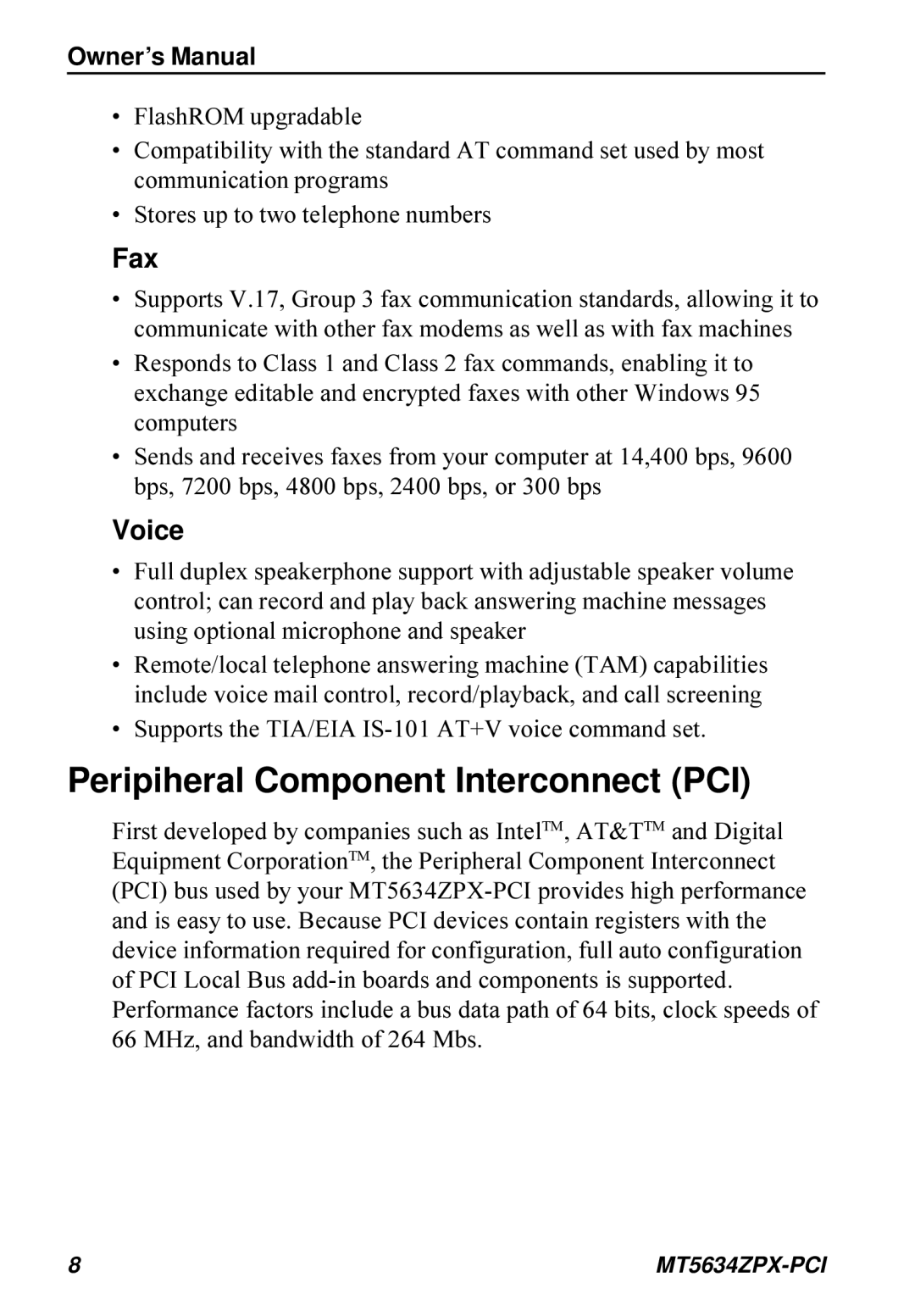 Multi-Tech Systems MT5634ZPX-PCI owner manual Peripiheral Component Interconnect PCI, Fax 