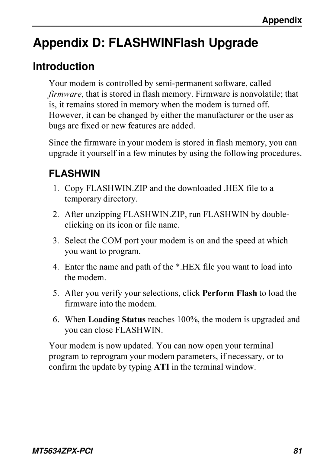 Multi-Tech Systems MT5634ZPX-PCI owner manual Appendix D FLASHWINFlash Upgrade, Introduction 