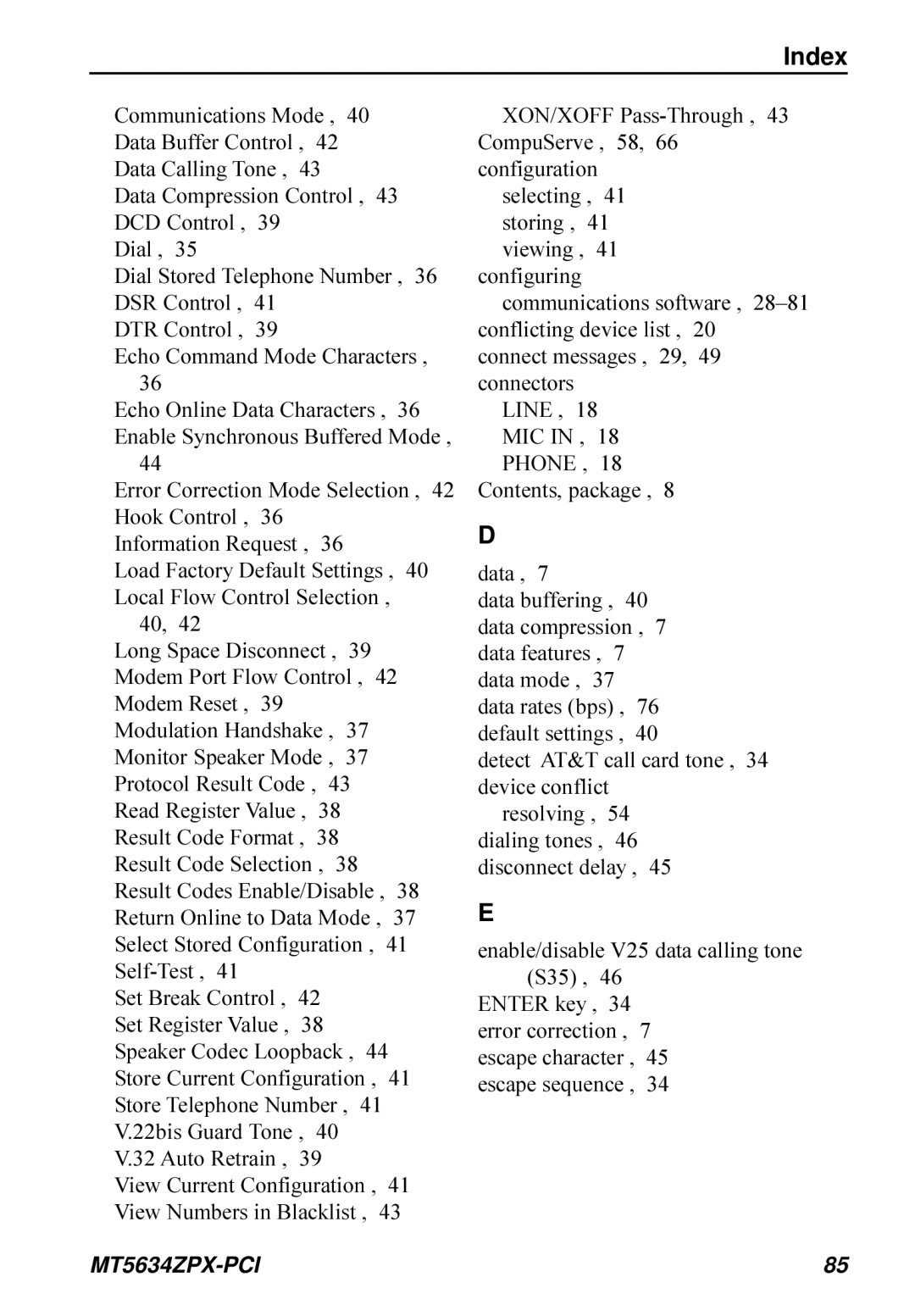 Multi-Tech Systems MT5634ZPX-PCI owner manual Index, Auto Retrain, Data, Detect AT&T call card tone , 34 device conflict 