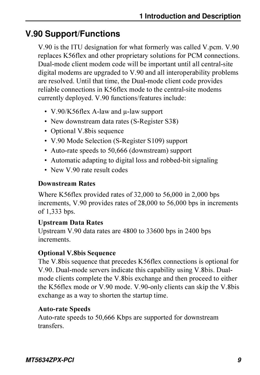 Multi-Tech Systems MT5634ZPX-PCI Support/Functions, Downstream Rates, Upstream Data Rates, Optional V.8bis Sequence 