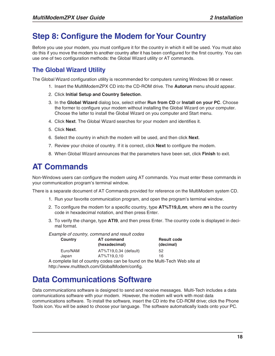 Multi-Tech Systems MT5634ZPX-V.92-ISA Configure the Modem for Your Country, AT Commands, Data Communications Software 