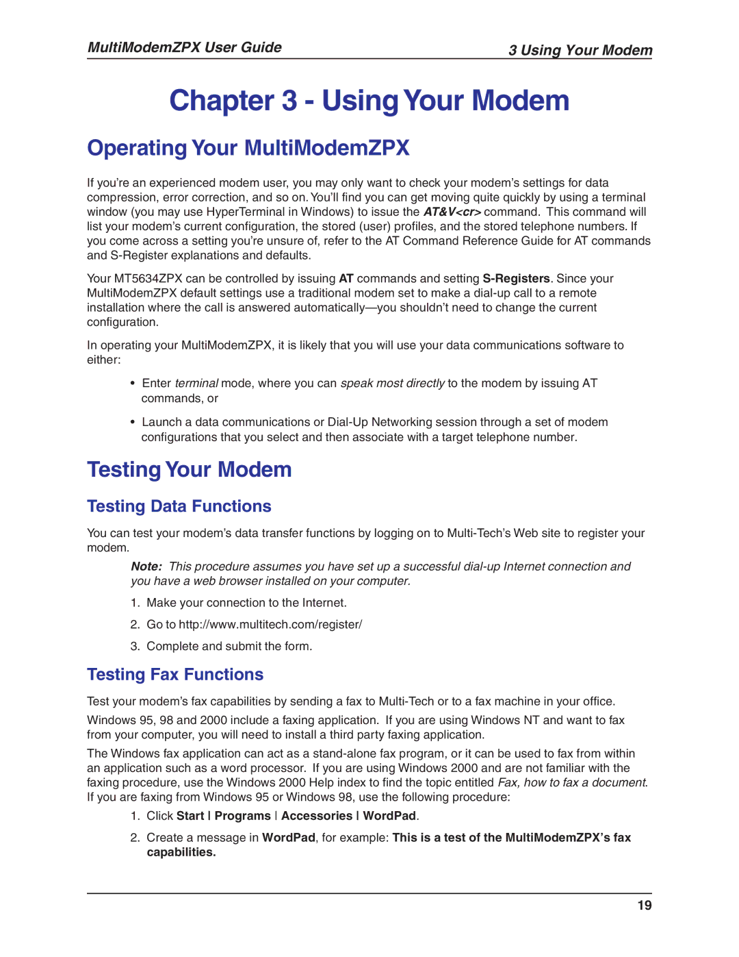 Multi-Tech Systems MT5634ZPX-V.92-ISA manual Operating Your MultiModemZPX, Testing Your Modem, Testing Data Functions 