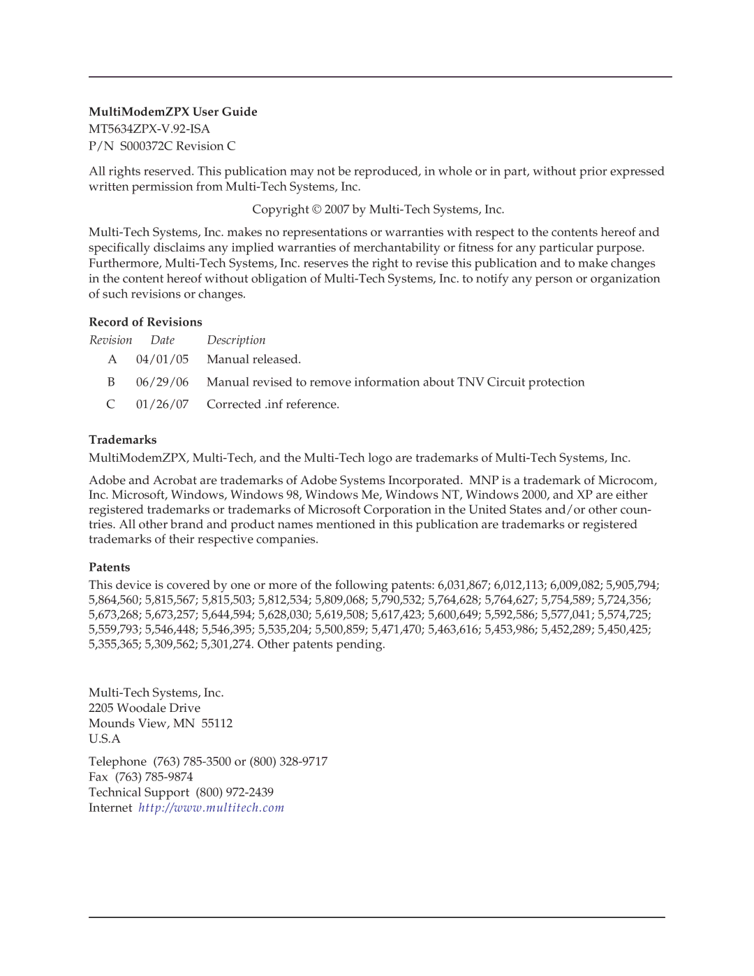 Multi-Tech Systems MT5634ZPX-V.92-ISA manual MultiModemZPX User Guide 