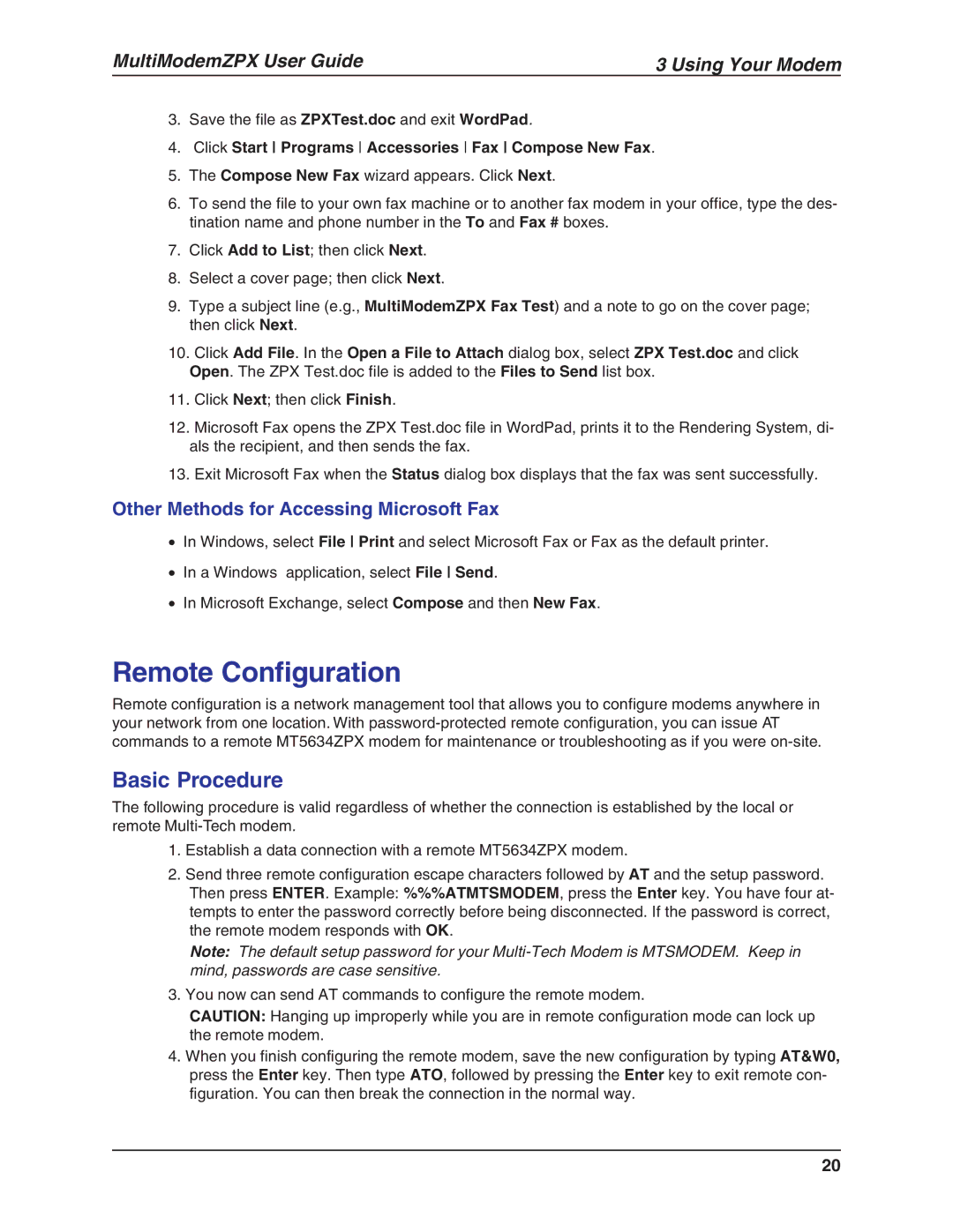 Multi-Tech Systems MT5634ZPX-V.92-ISA Remote Configuration, Basic Procedure, Other Methods for Accessing Microsoft Fax 