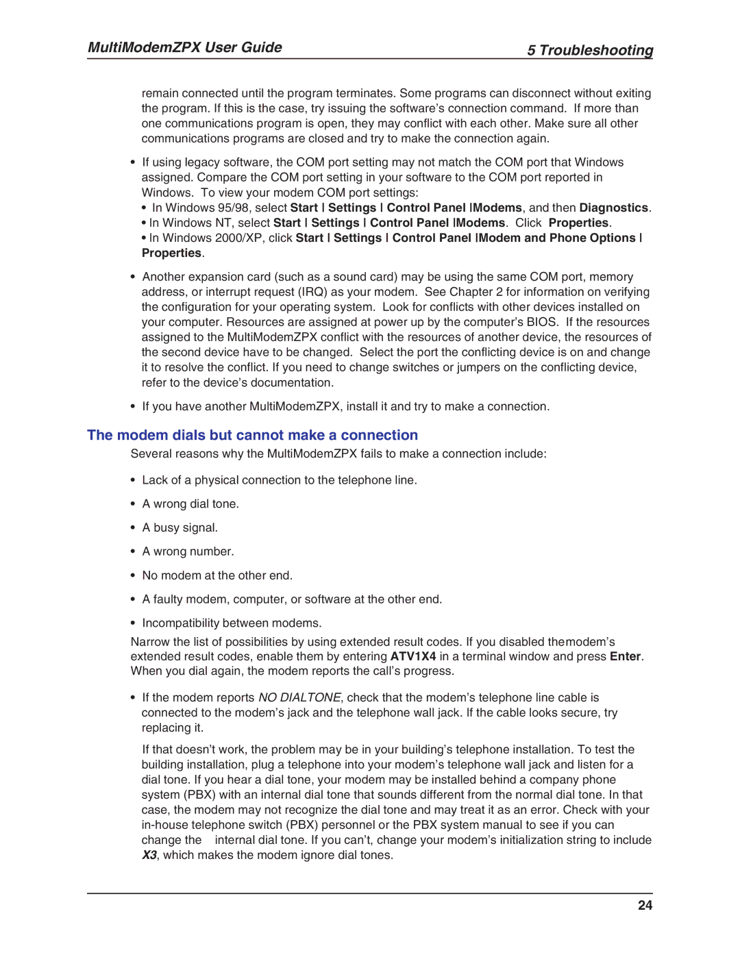 Multi-Tech Systems MT5634ZPX-V.92-ISA manual Modem dials but cannot make a connection 