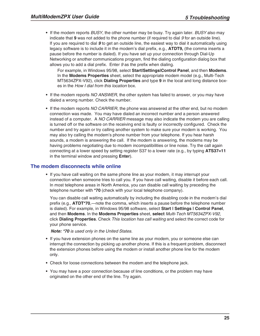 Multi-Tech Systems MT5634ZPX-V.92-ISA manual Modem disconnects while online 