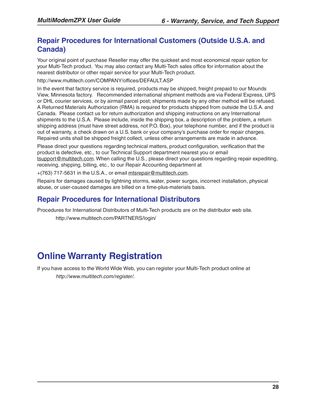 Multi-Tech Systems MT5634ZPX-V.92-ISA manual Online Warranty Registration, Repair Procedures for International Distributors 