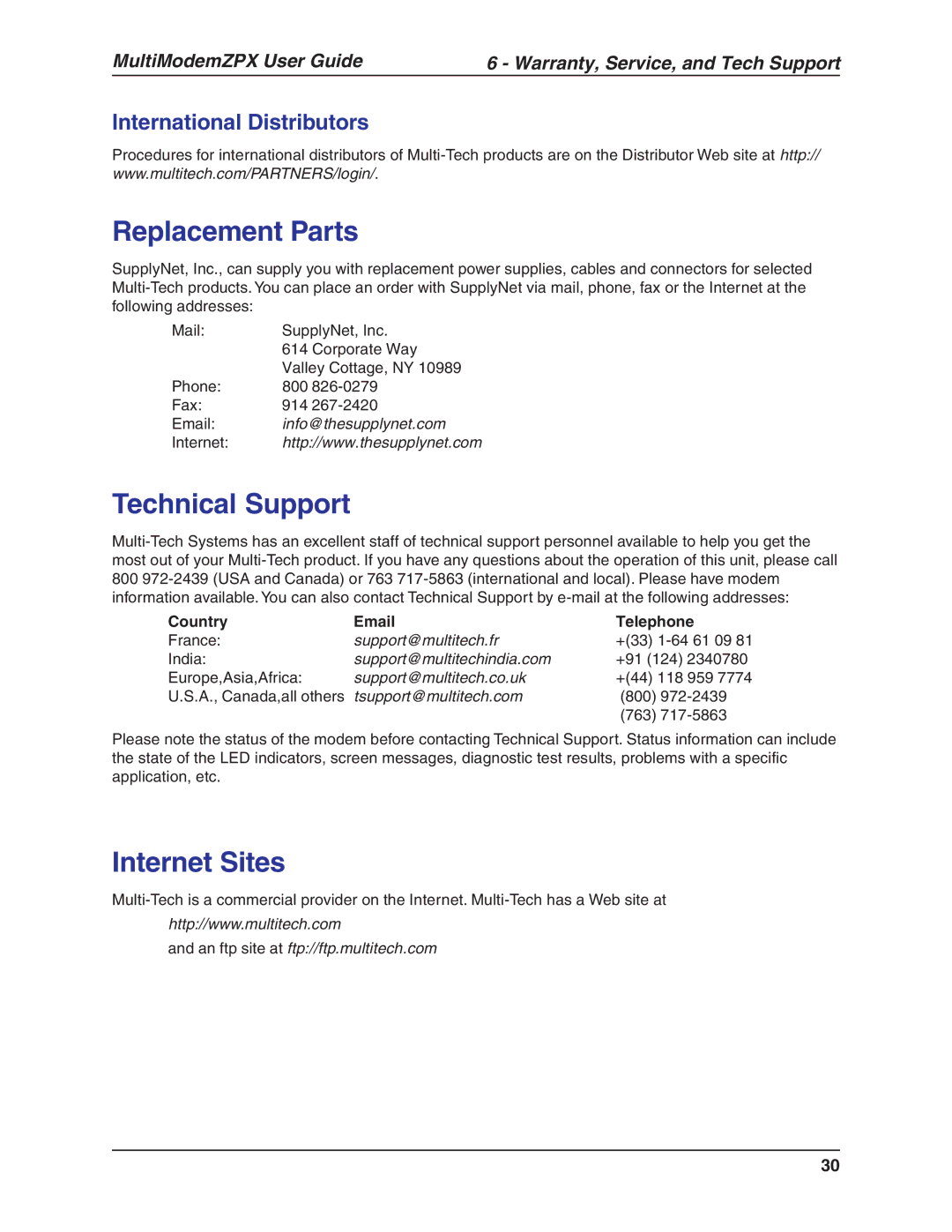 Multi-Tech Systems MT5634ZPX-V.92-ISA Replacement Parts, Technical Support, Internet Sites, International Distributors 